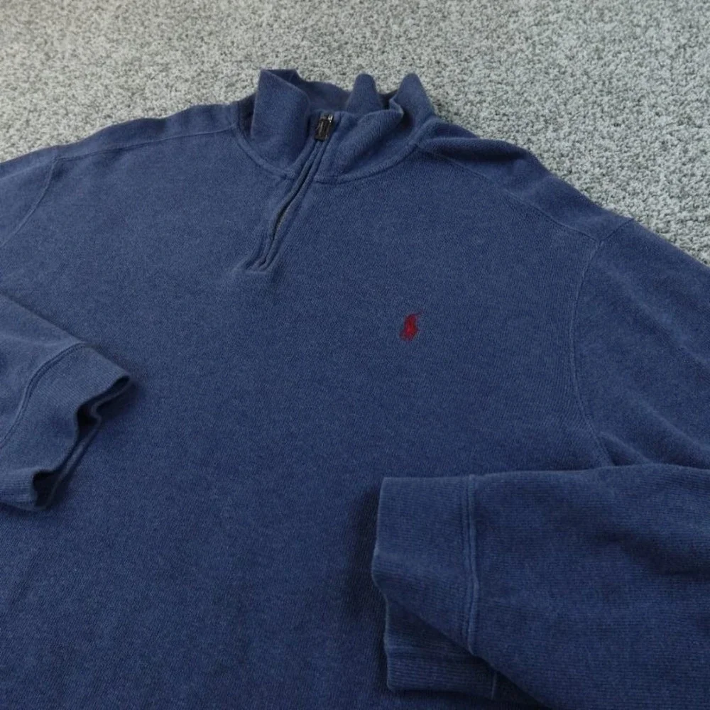 VTG Polo Ralph‎ Lauren Sweater Mens 2XL Blue 1/4 Zip Pullover Knit Pony Preppy