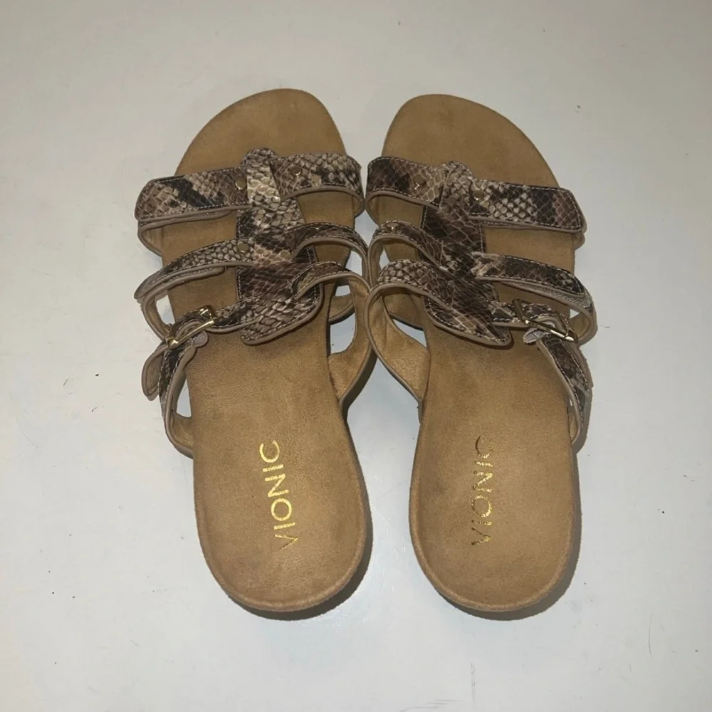Vionic Radia Wedge Sandals Adjustable Triple Strap Snakeskin Slides