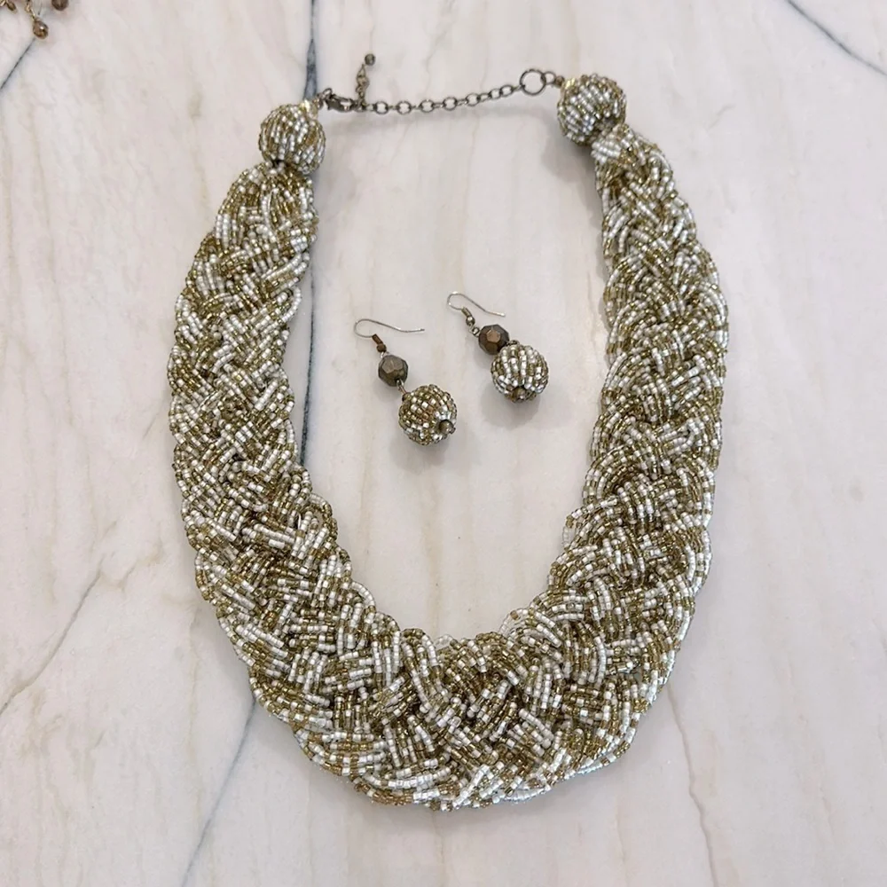 jewelry set large beaded braided fashion necklace & matching earrings