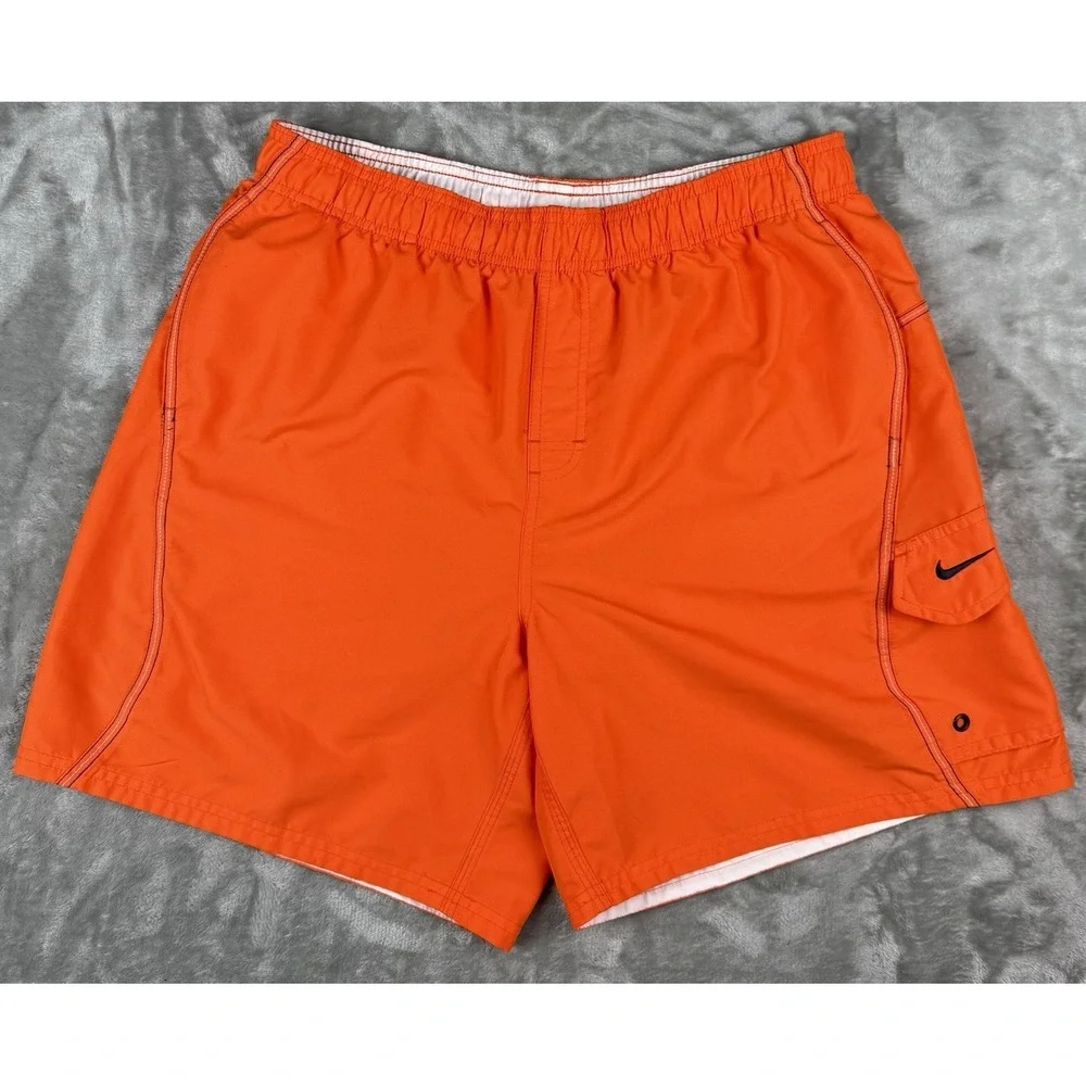 Nike Swim Trunks Mens Large Orange Board Shorts Mesh Lined Swoosh