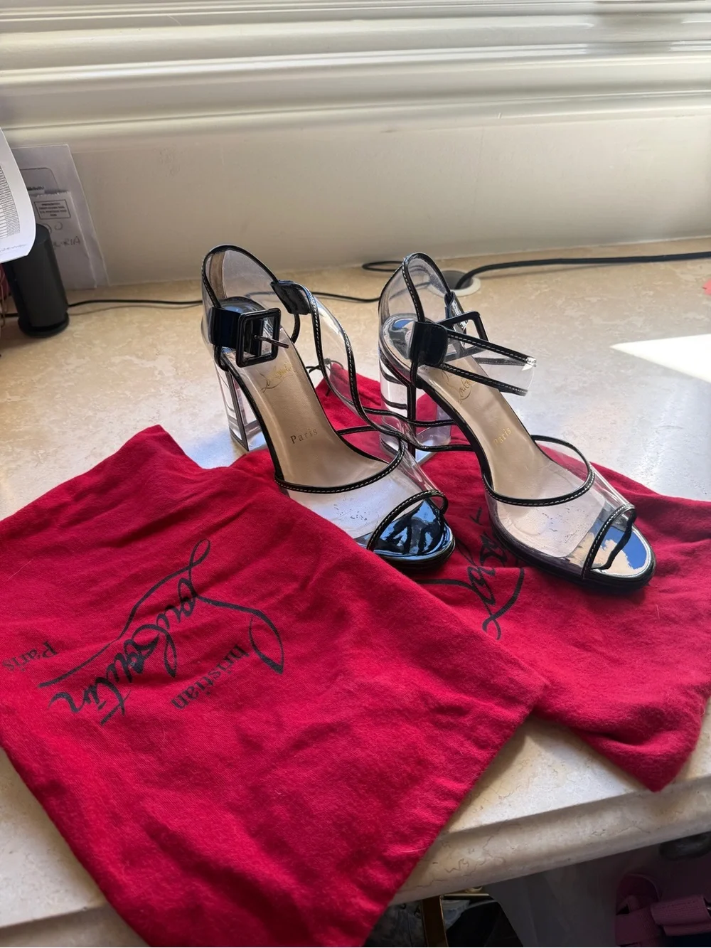 Christian Louboutin Black Patent and Clear Strappy Block Heel Sandals
