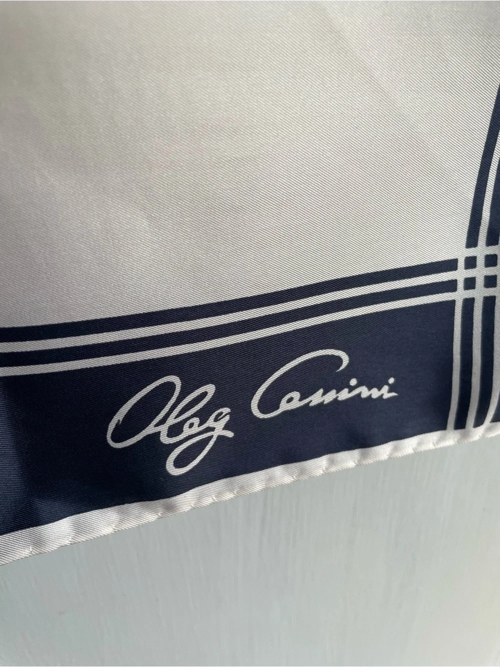 Vintage Designer Silk Twill Oleg Cassini Scarf  27” x  27” Navy White