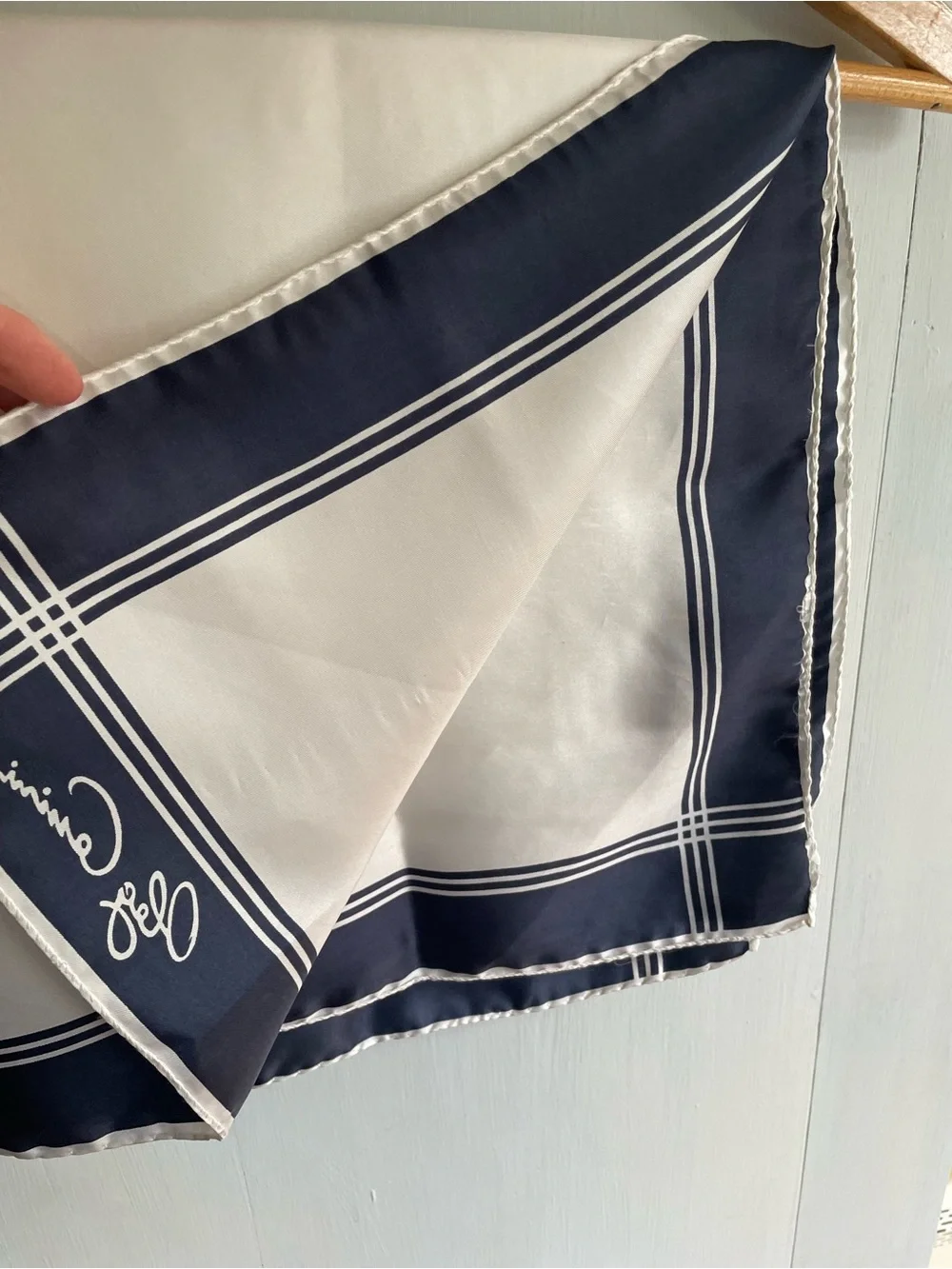 Vintage Designer Silk Twill Oleg Cassini Scarf  27” x  27” Navy White