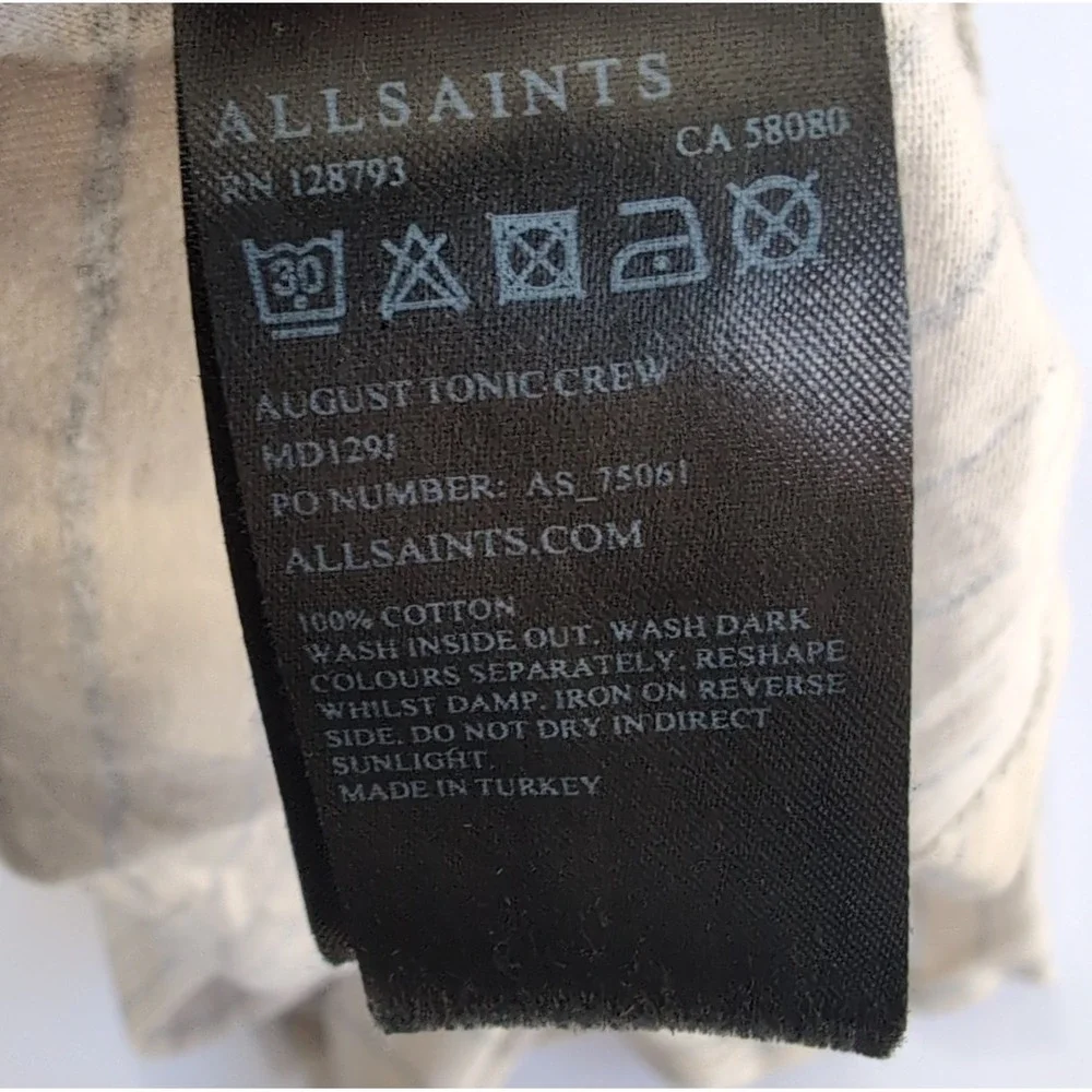 AllSaints August Tonic Crew Shirt Mens M Striped Ramskull Logo Grey Distressed