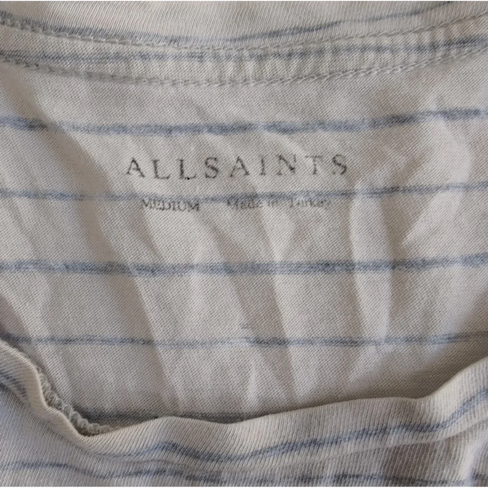AllSaints August Tonic Crew Shirt Mens M Striped Ramskull Logo Grey Distressed
