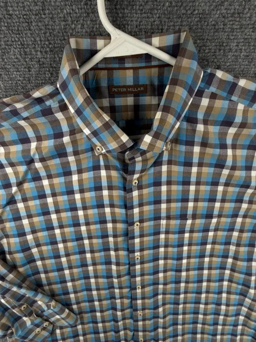 Peter Millar Blue Brown Check Button Up Shirt 2XL Cotton Long Sleeve Woven Adult