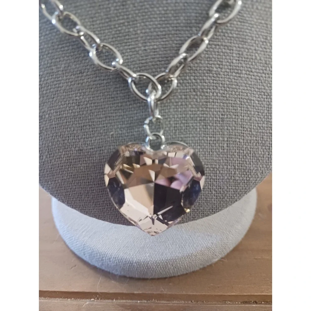 Silver Tone Chunky Cable Chain Necklace Champagne Pink Faceted Heart Pendant