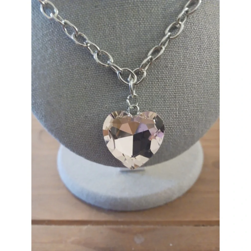 Silver Tone Chunky Cable Chain Necklace Champagne Pink Faceted Heart Pendant