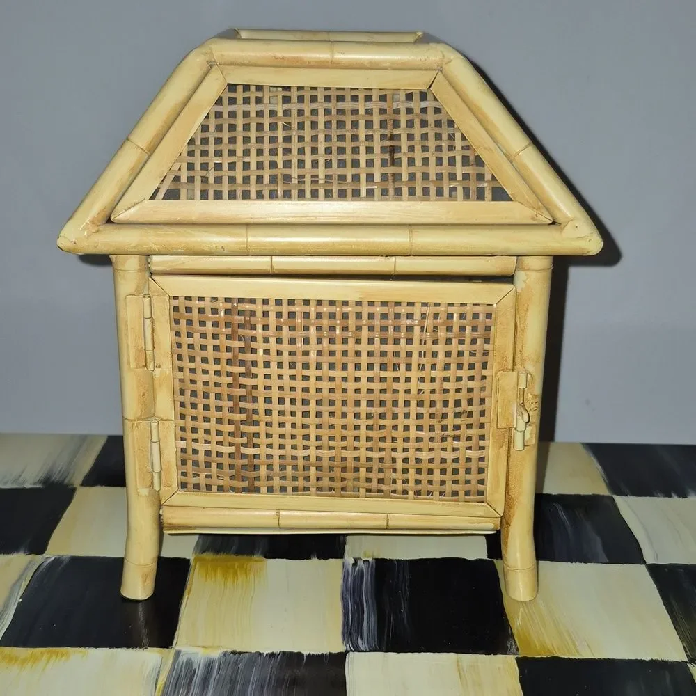 Vintage Metal Bamboo & Raffia MCM Tiki Hut Tea Light Holder Boho
