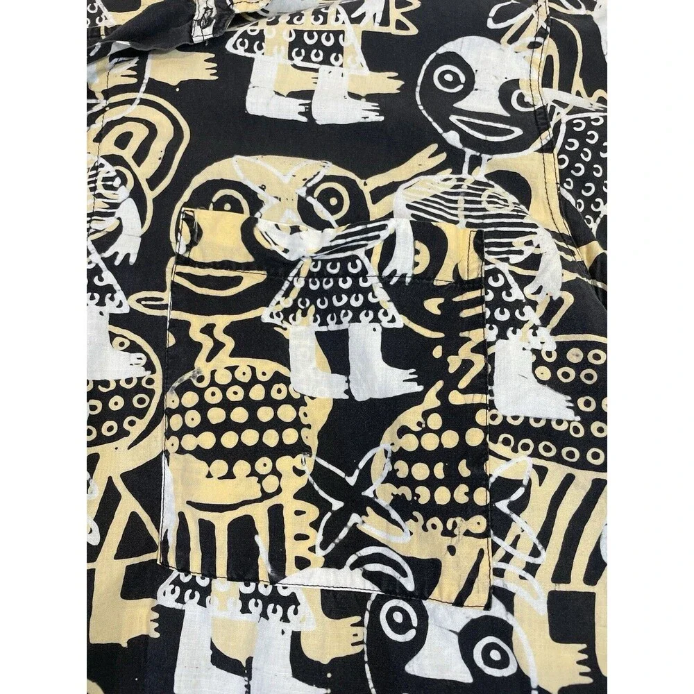 African Tribal Hawaiian Shirt Mens Large Square Buttons Kuta Bali Black Gold VTG