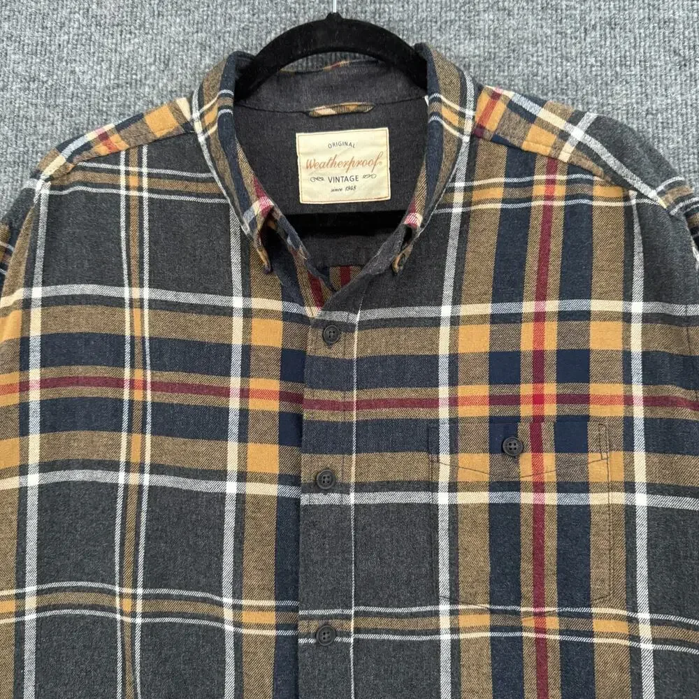 Weatherproof Vintage Plaid Flannel Button Up Shirt Mens XL Gray Long Sleeve