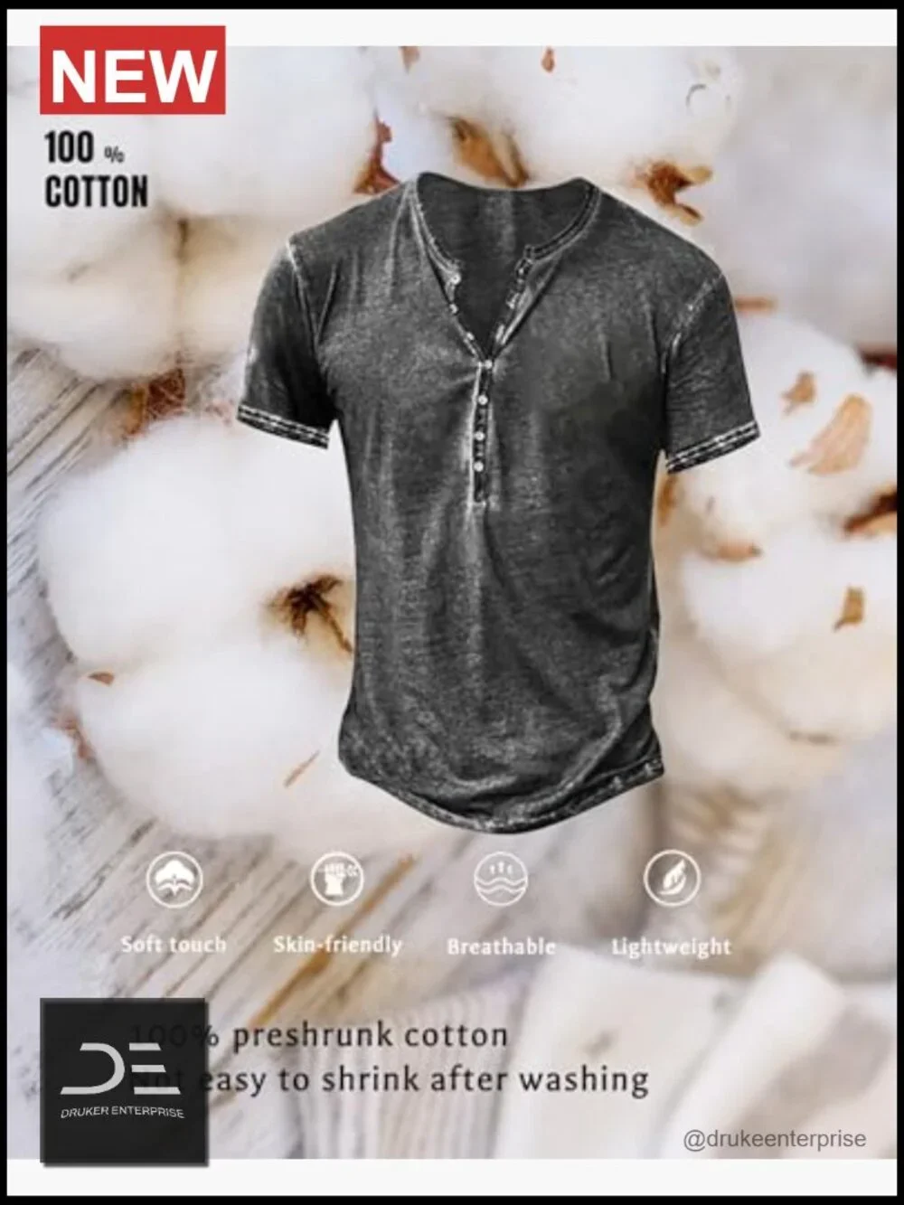 Vintage Distressed Henley Shirt - Slim Fit Long Sleeve Button Down Cotton Tee