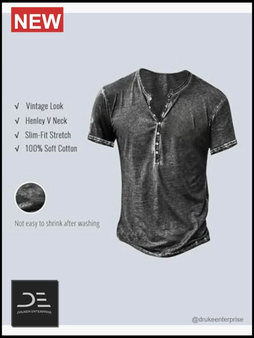 Vintage Distressed Henley Shirt - Slim Fit Long Sleeve Button Down Cotton Tee