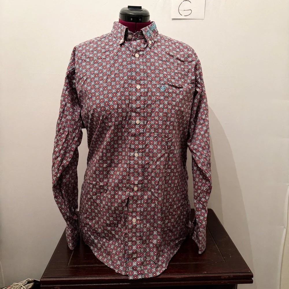 Ariat Shirt Button Down Geometric Medallion Embroidered Red Blue Mens XL