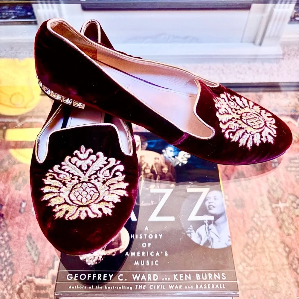 Miu Miu x Prada 👑✨ Vintage Burgundy Velvet Crest Smoking Slippers