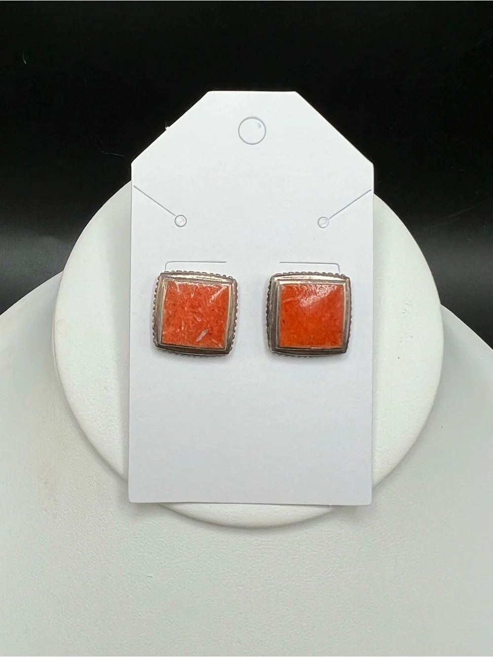 Sterling Silver (925) Orange Sponge Coral Square Stud Earrings Signed PB