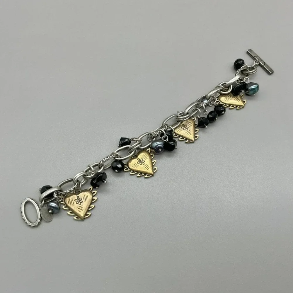 Chicos Bracelet Womens Silver Tone Gold Tone Heart Charm Black Bead 8 Inch