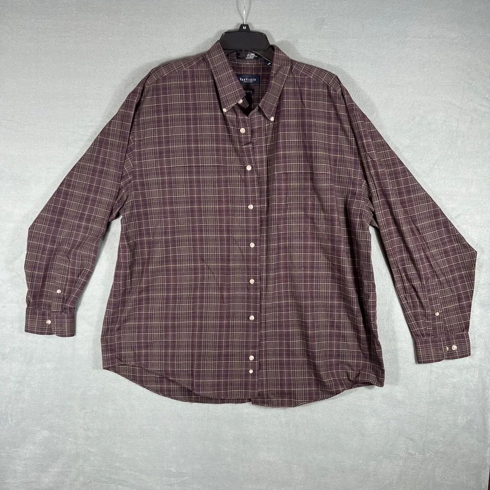 Van Heusen Men's XL Plaid Button Down Shirt Long Sleeve Wrinkle Free Maroon