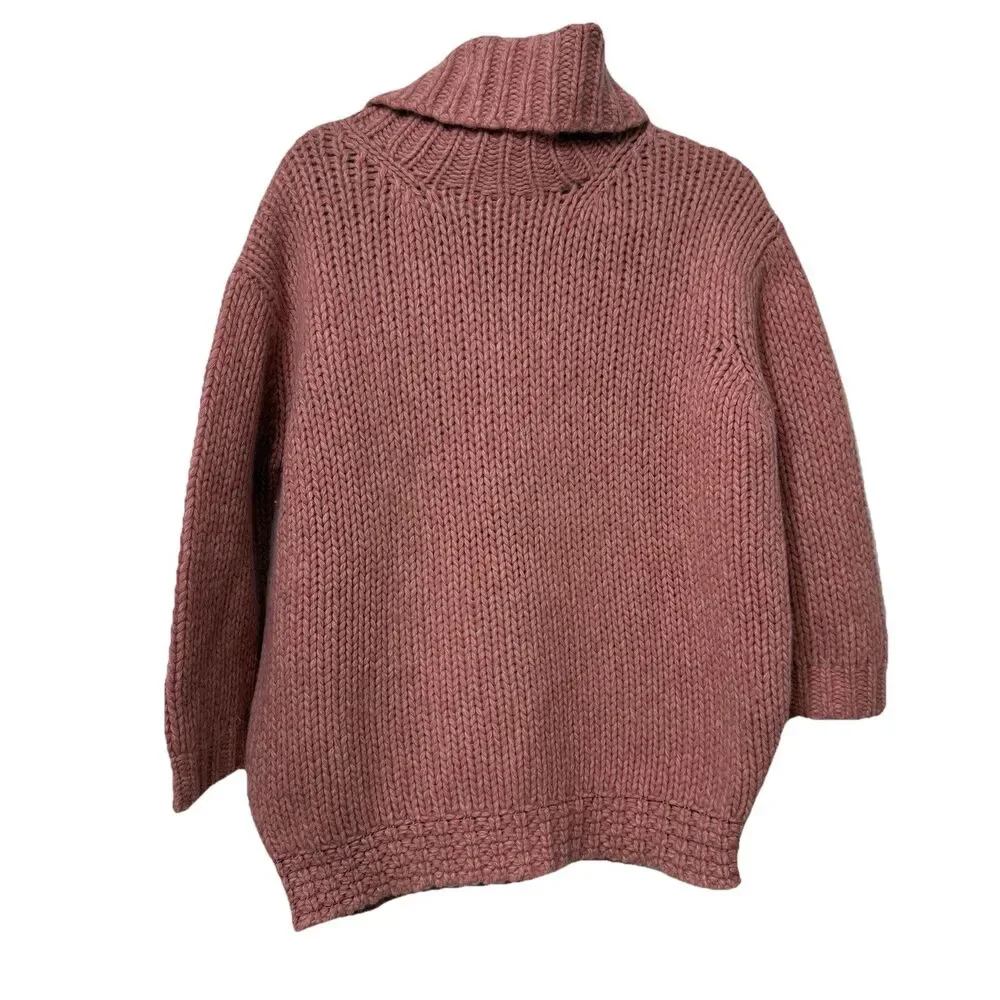 J Crew Women’s Pink Lambswool Angora Blend Turtleneck Boxy Chunky Cable Knit M