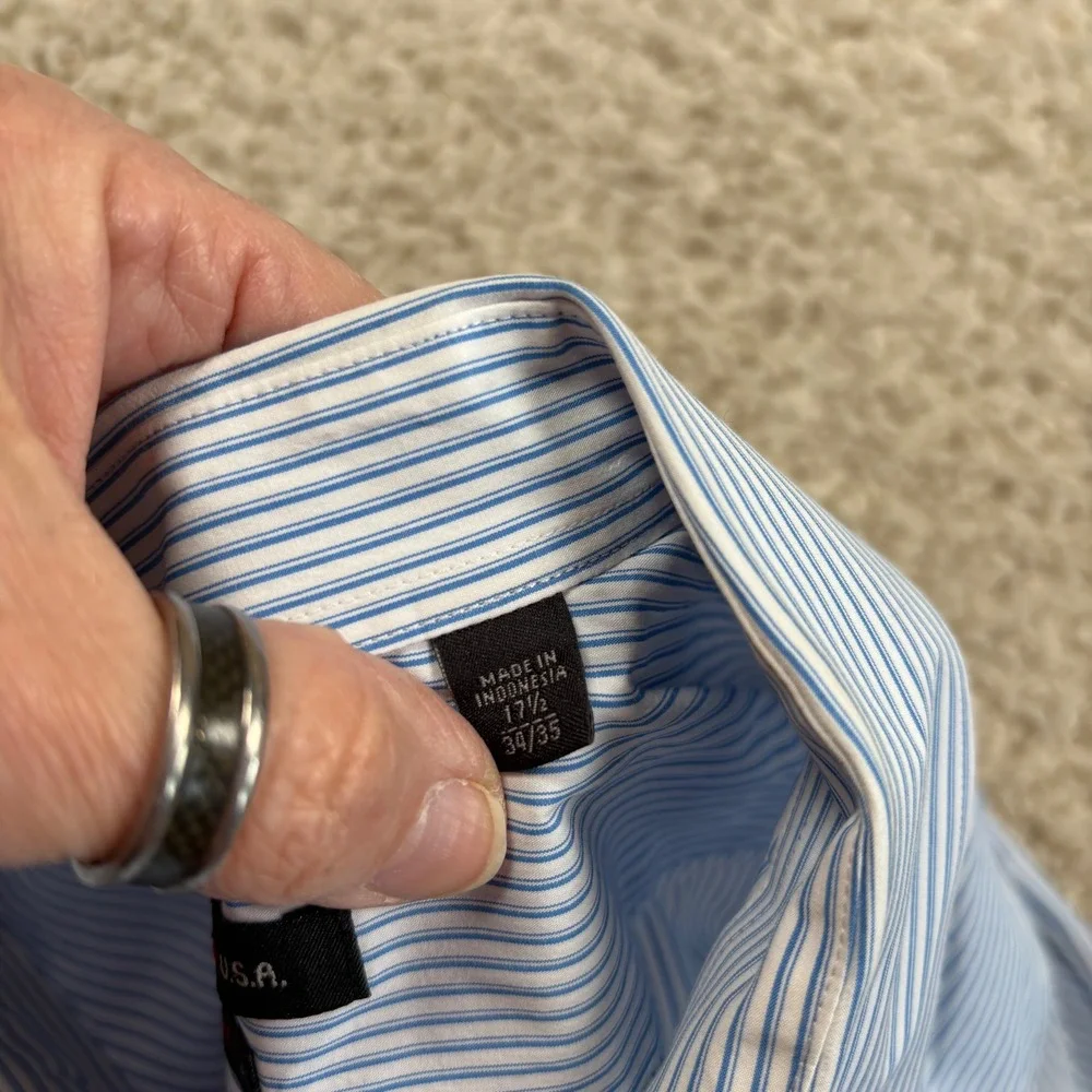 John‎ Varvatos USA Button Down Mens 17.5 34/35 Blue Striped Good Slim Fit Cotton