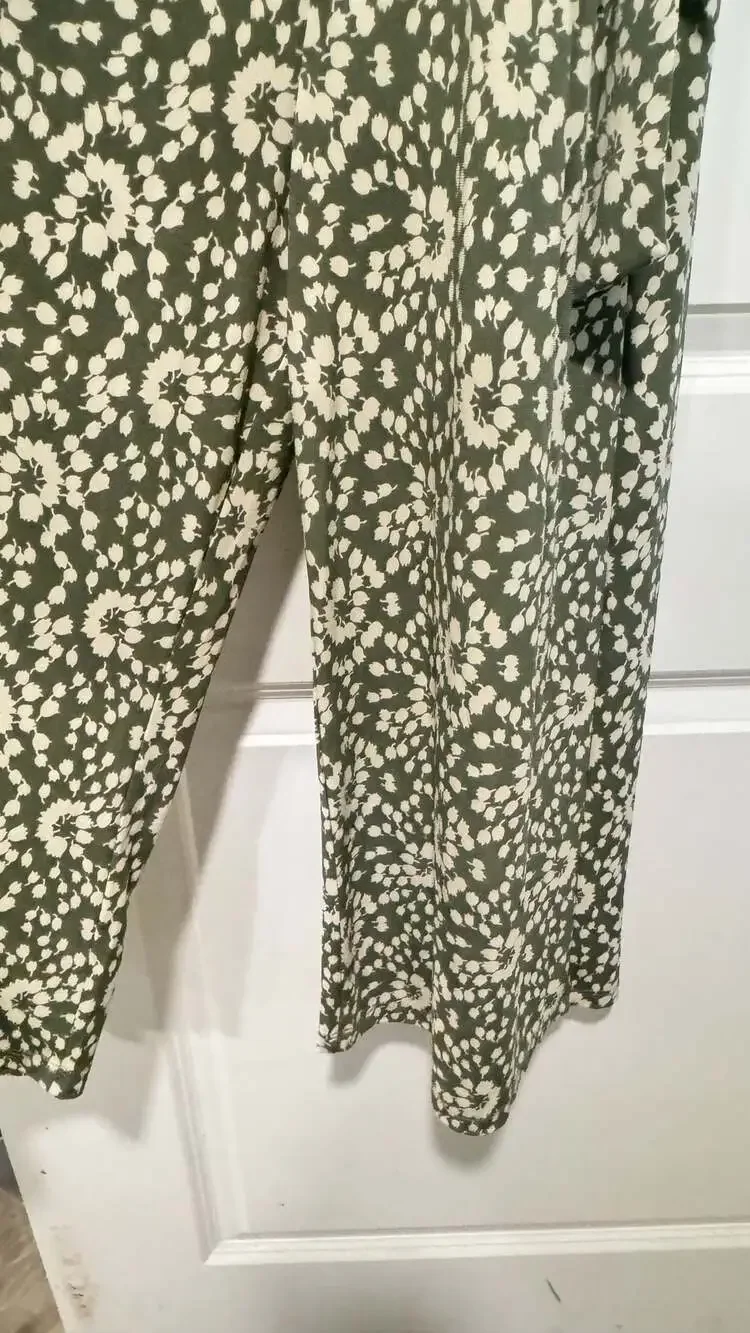 Sage Green Floral Wide Leg Jumpsuit Wrap Pockets Vacation Boho Medium