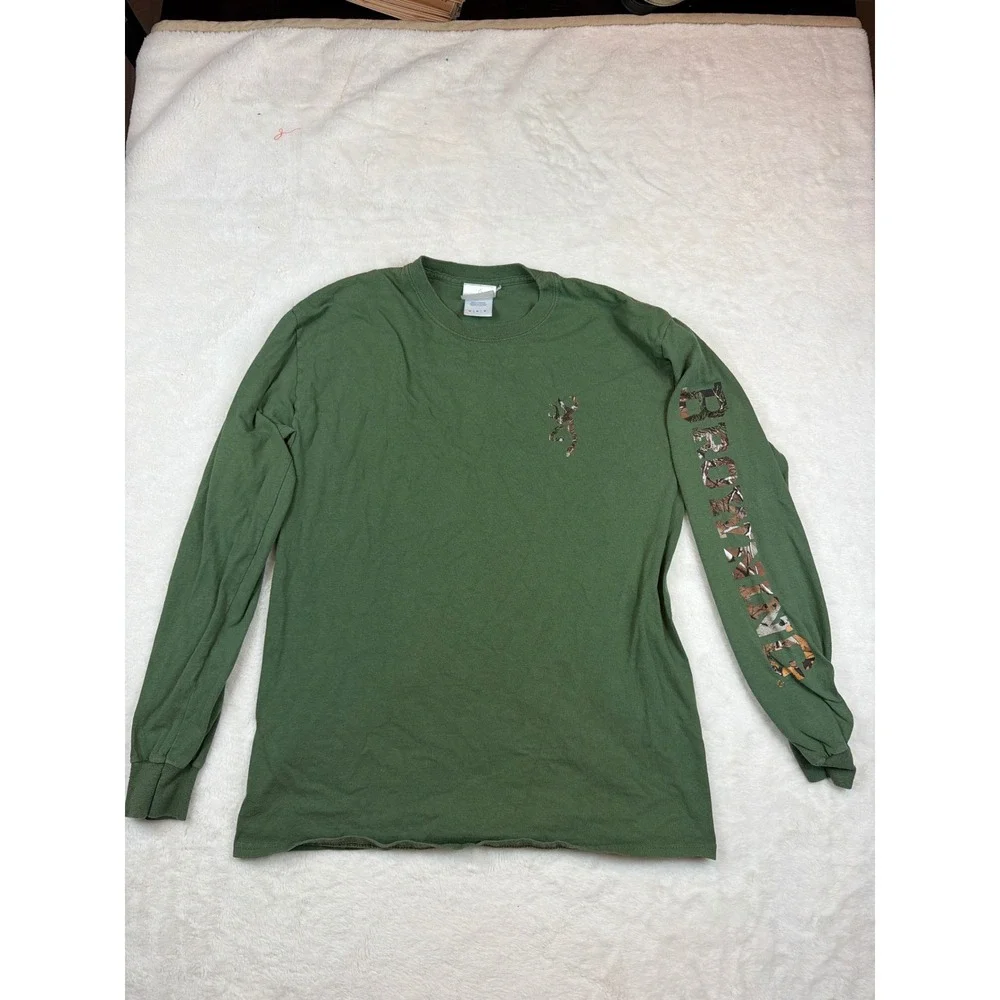Browning Mens Long Sleeve T-Shirt Green Camo Buckmark Logo Graphic Tee Large