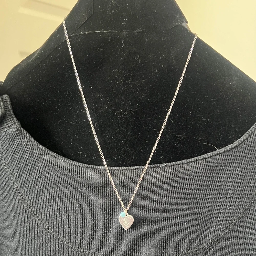 Silver-Tone Heart Pendant Necklace with Light Turquoise Accent