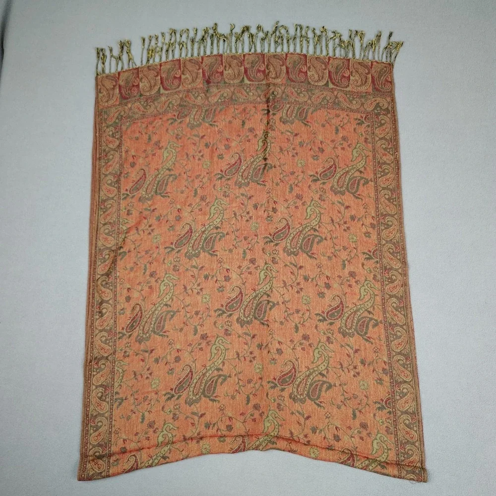 Cashmere Silk Scarf Shawl Paisley Sage Red Fall Vibes Fringe XL 27x72 Pashmina