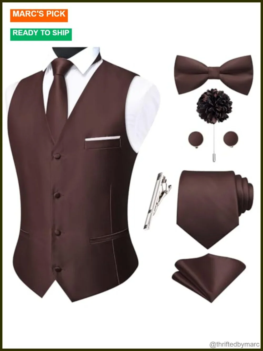Vest Set with Bowtie Necktie Handkerchief Cufflinks Lapel Pin Tie Clip