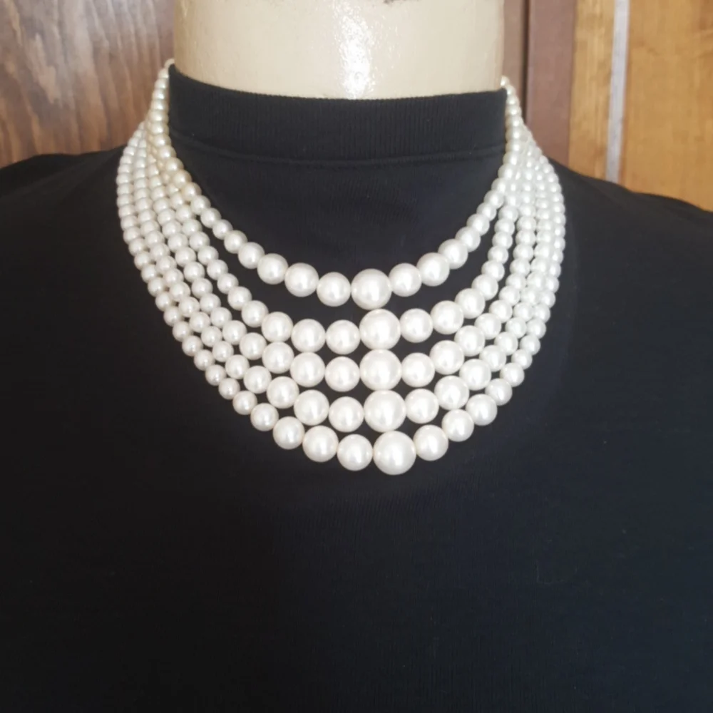 Vintage 5 Strand Hand Knotted Faux Pearl Necklace