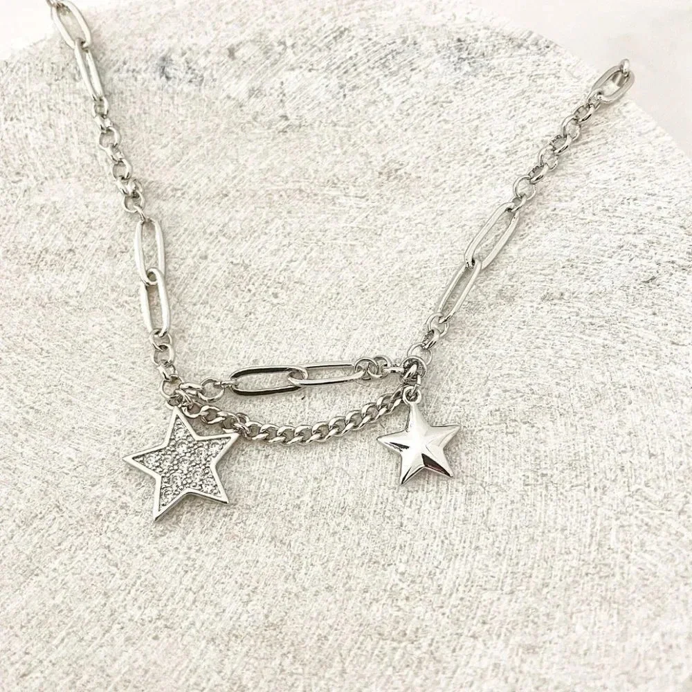 925 Sterling Silver Star Chain Link Necklace Dangle Chain Vintage Necklace