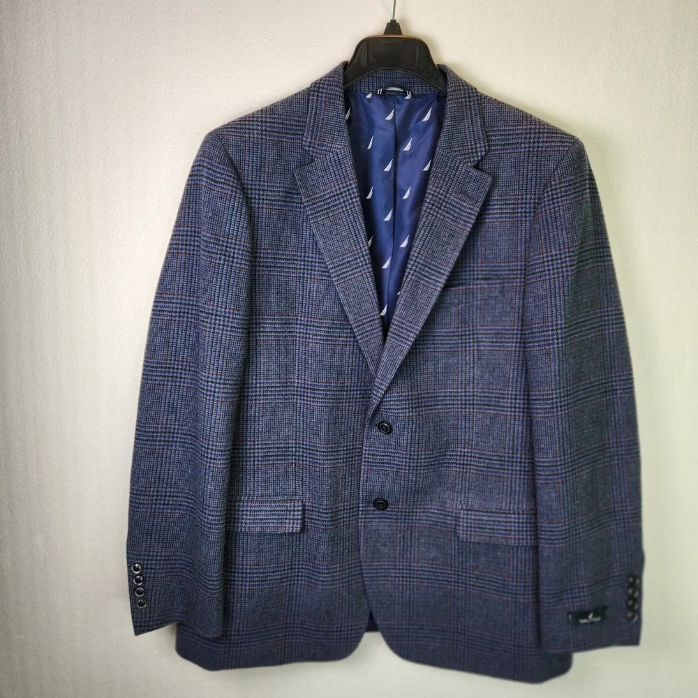 Nautica Mens Blue Glen Plaid Modern Fit Sport‎ Coat Blazer 44R Two Button Logo