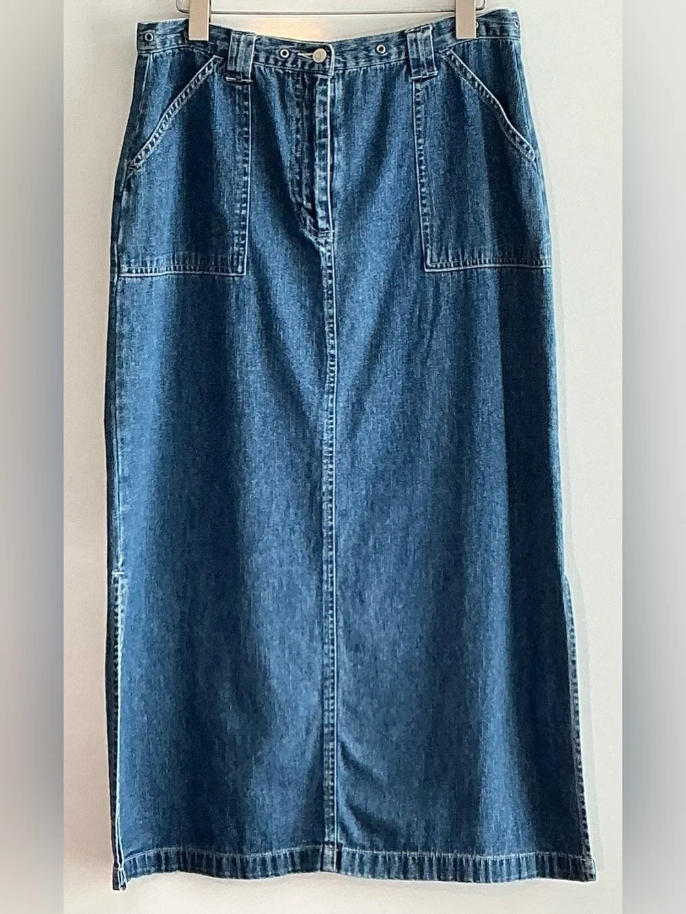 Original TY Wear Denim Maxi Skirt 12P Blue Utility Pockets Side Slit Y2K Cotton