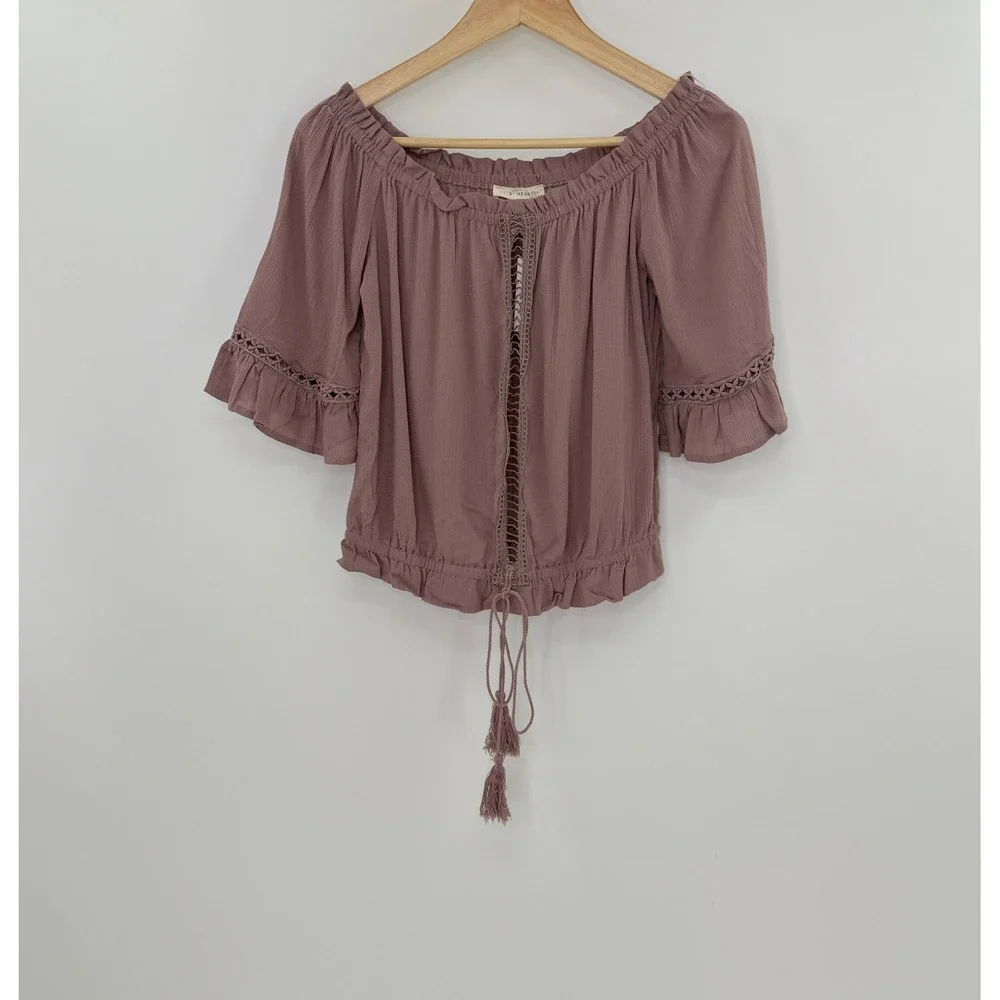 NWT‎ LA Hearts Off The Shoulder Blouse Mauve Pink Crochet Trim Drawstring Size M