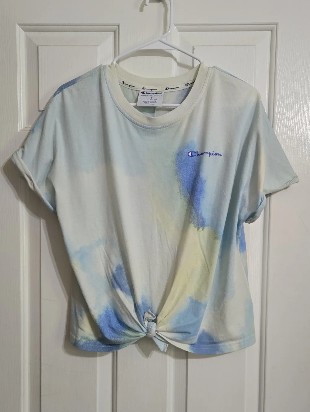Champion Women's Tie-Dye Knot Front Tee - Light Blue & Pale Yellow