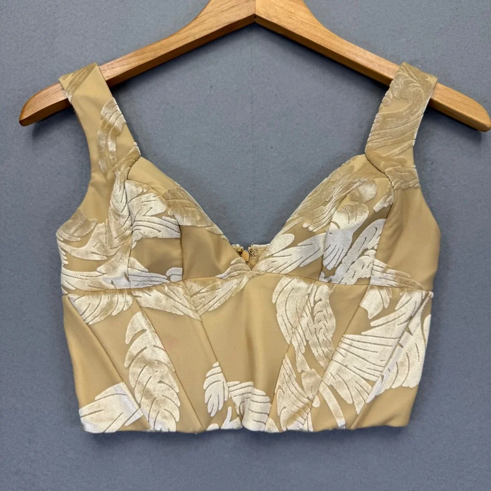 Oh Polly Womens US 0 Nude Velvet Burnout Leaf Corset Crop Top‎ Adjustable Straps