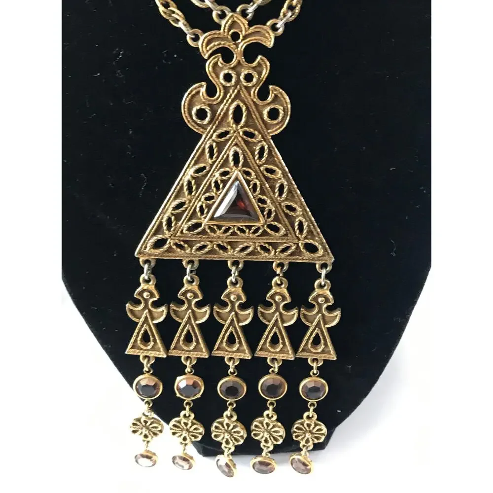 Vintage Goldette Gold Tone Triangle Filigree Pendant Egyptian Victorian Revival