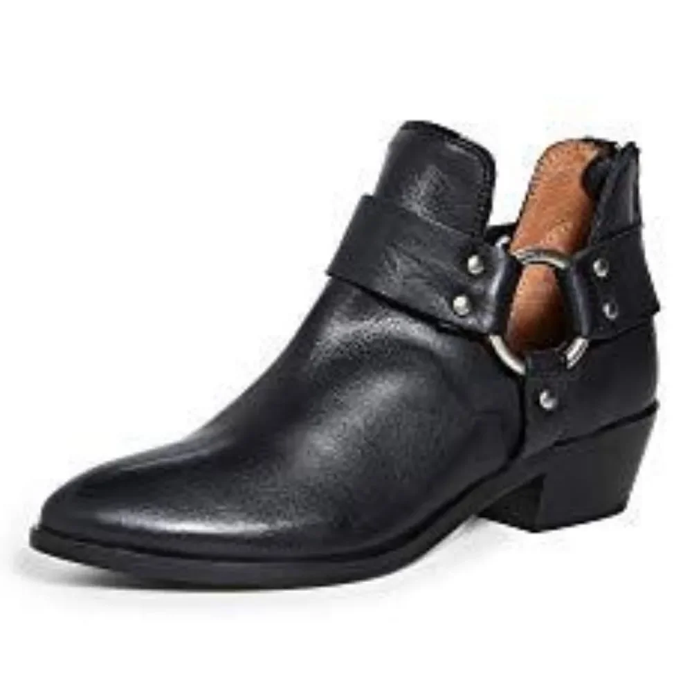 Frye Ray Harness Back Zip Black Size 7.5 Stacked Block Heel Metal Ring Detail