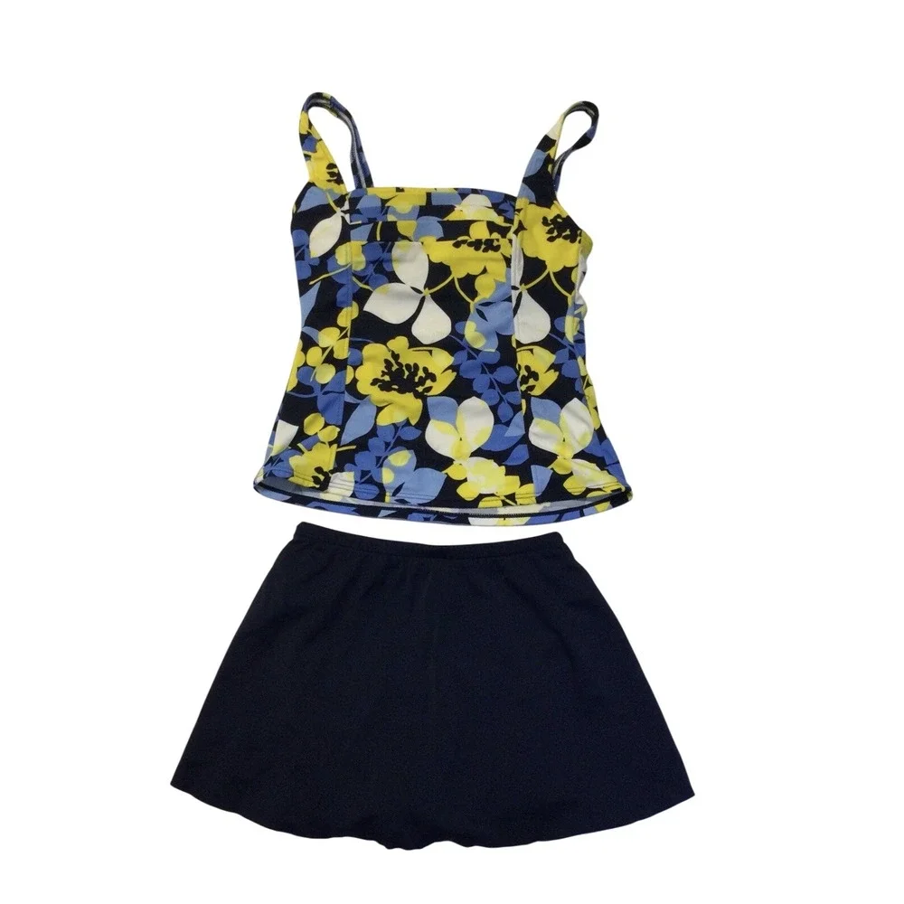 Caribbean Joe 2 Piece Swimsuit Floral Top Skirt‎ Bottom Solid Color Navy Sz Sm