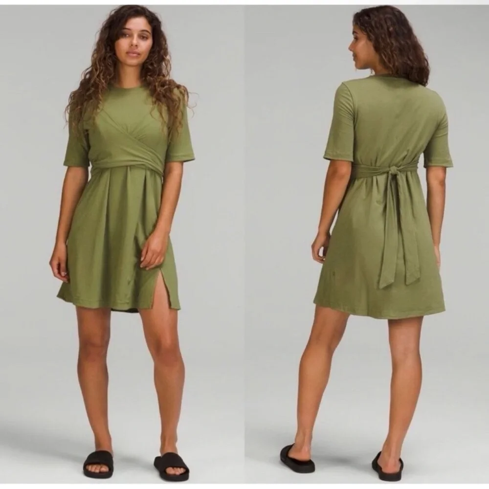 NWT $106 Lululemon Cotton Wrap Front T-Shirt Dress Size 2 Bronze‎ Green