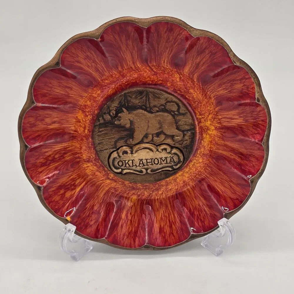 Vintage Treasure Craft Oklahoma Souvenir Dish Red Orange Bear