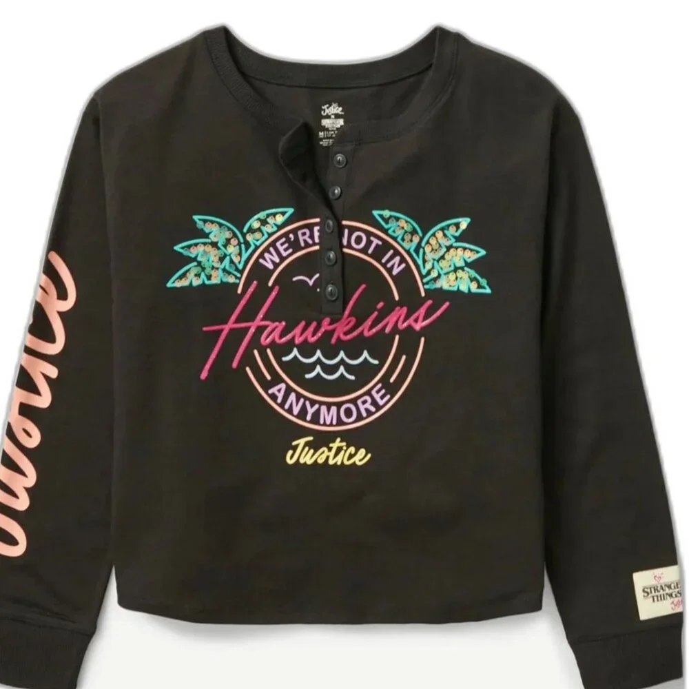 Justice Girls M STRANGER THINGS Long Sleeve Black Henley Shirt SIZE 10 NEW