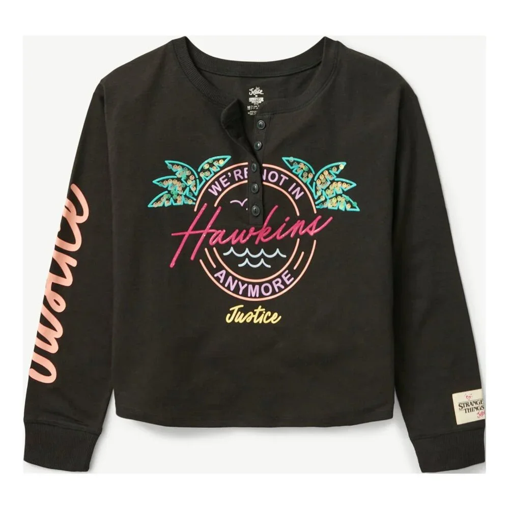 Justice Girls XS STRANGER THINGS Long Sleeve Black Henley Shirt SIZE 5-6 NEW
