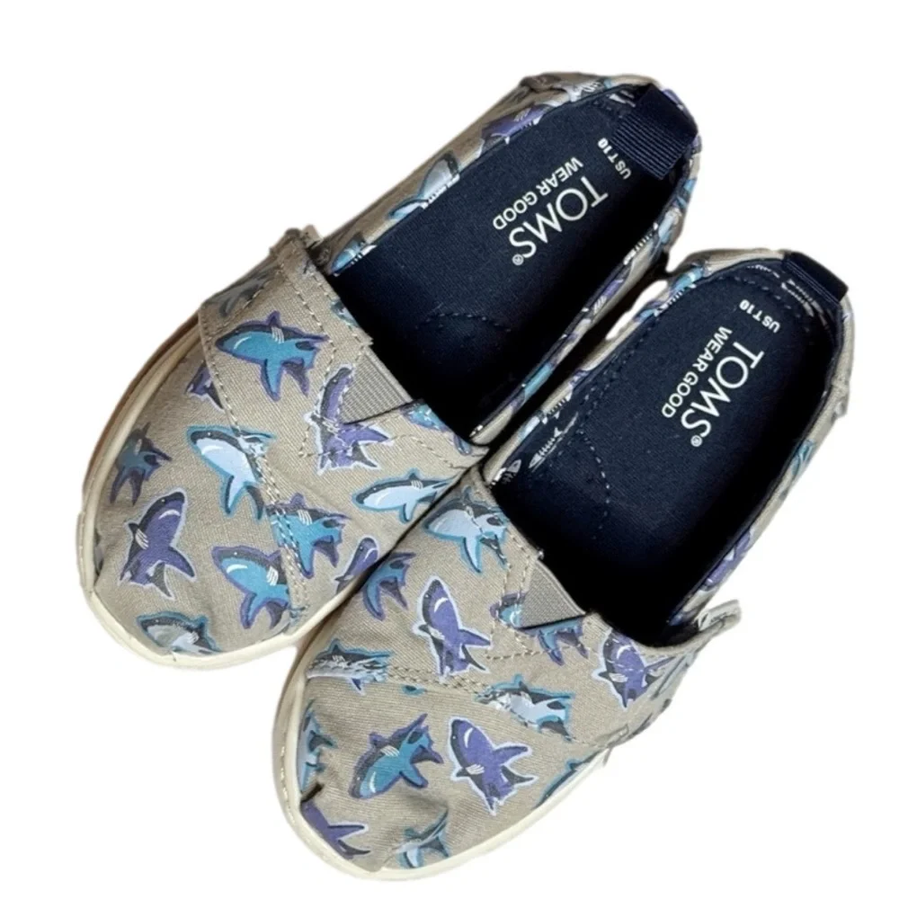 Toms Kids Shoes with Blue and Gray Shark Print. Size 10. Good Condition
