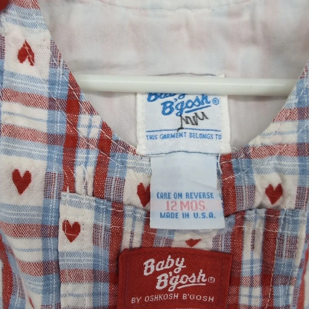 OshKosh B'gosh Vintage Plaid Pinafore Dress Red White Blue Heart Baby Girls 12M