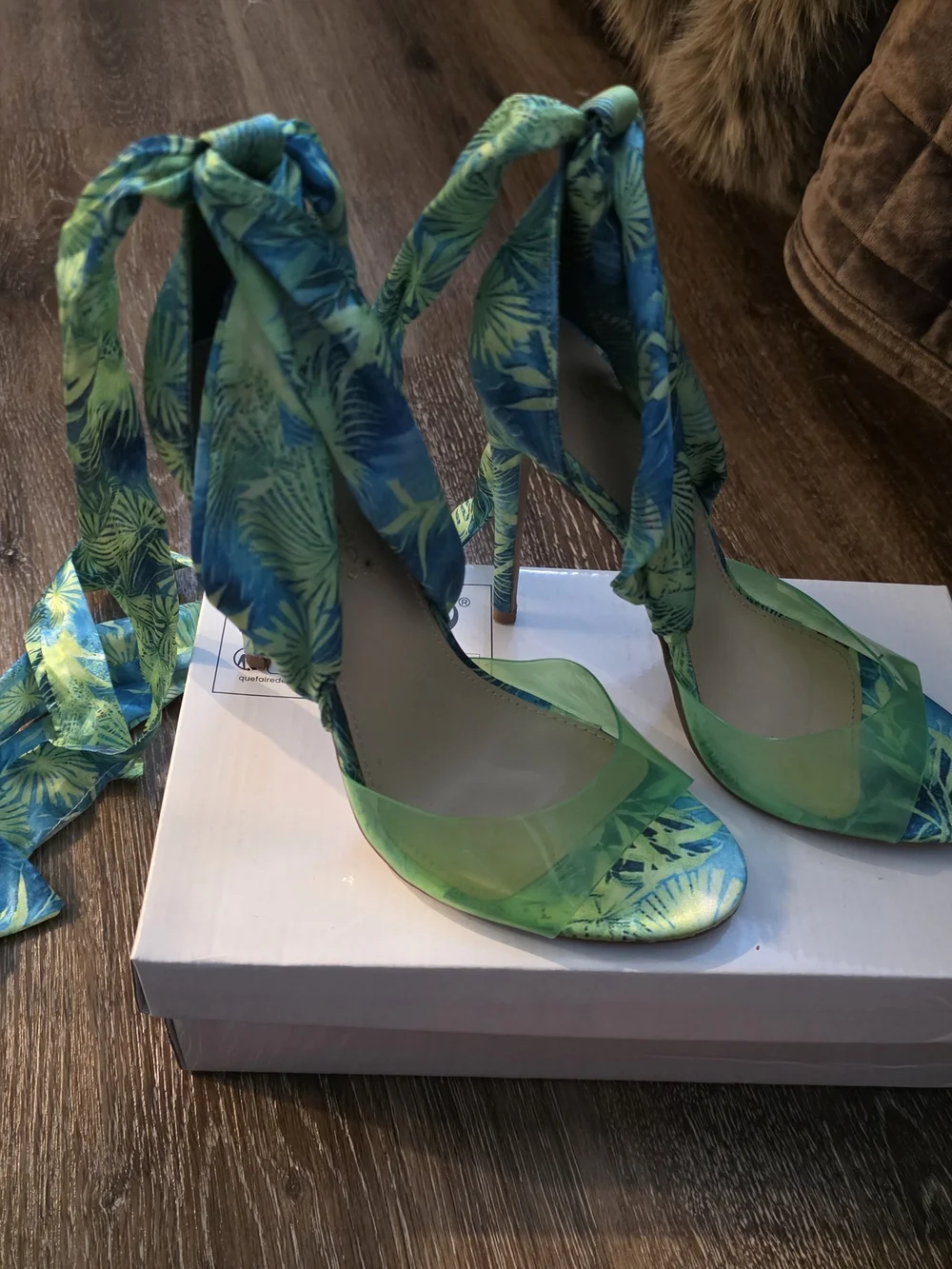 Tropical Leaf Green Lace-Up High Heel Sandals
