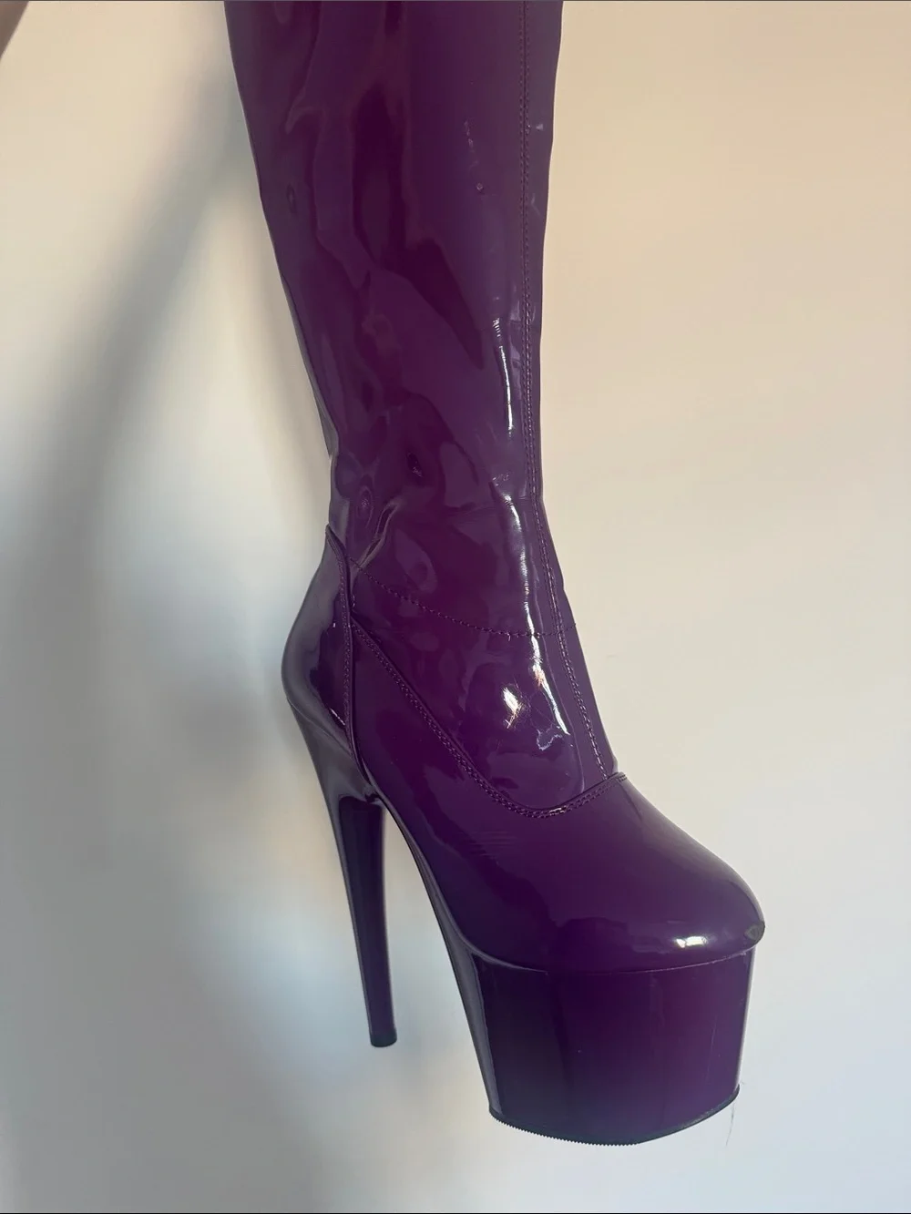 Pleaser Purple Patent Over-the-Knee Platform Stiletto Boots