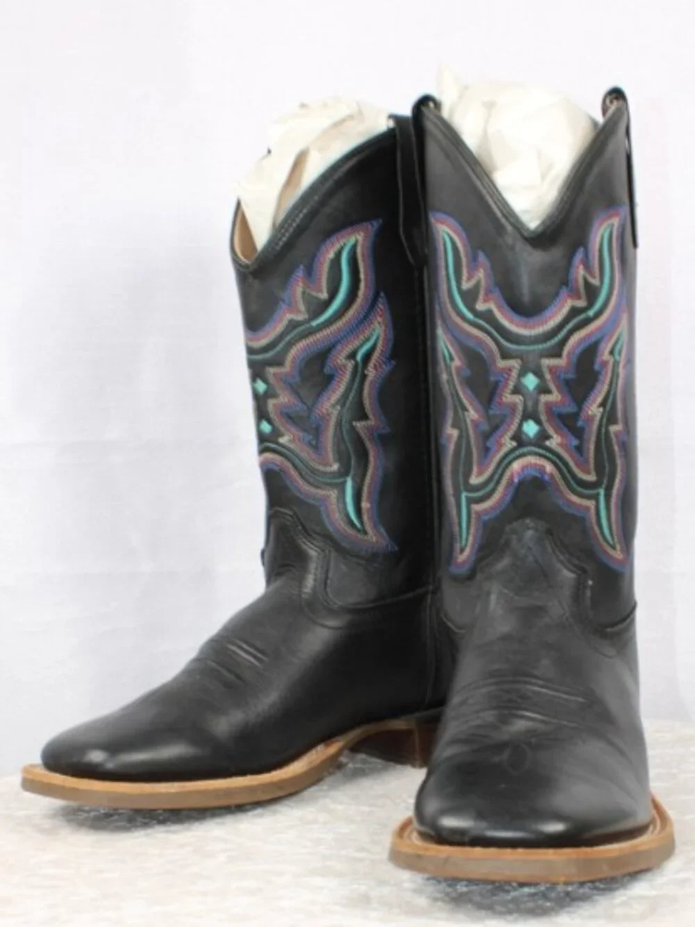 Suyanne Men's 5D Black Leather Western Cowboy Boots Embroidered Square Toe