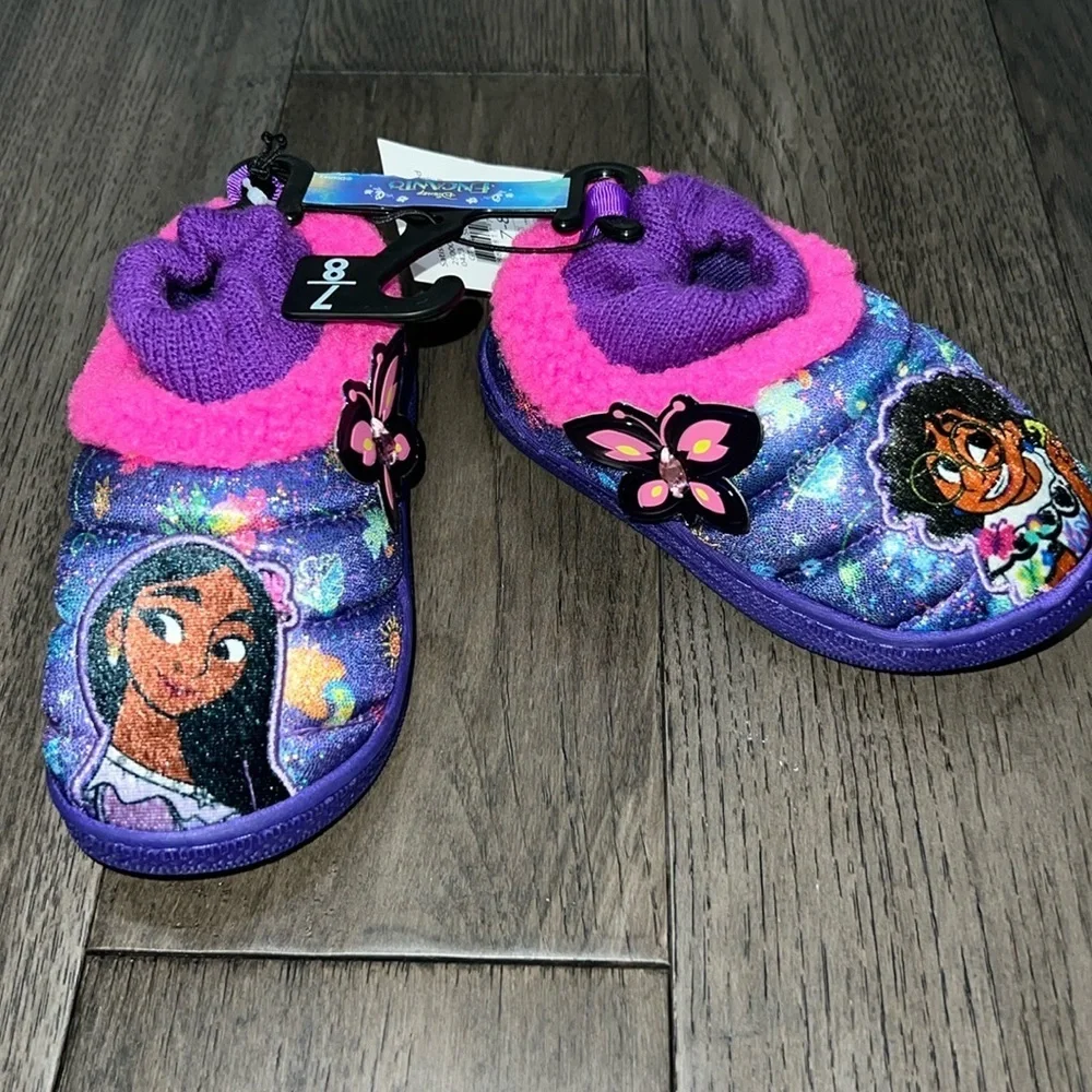 NWT encanto sparkly iridescent slippers with butterfly appliqué and center gem