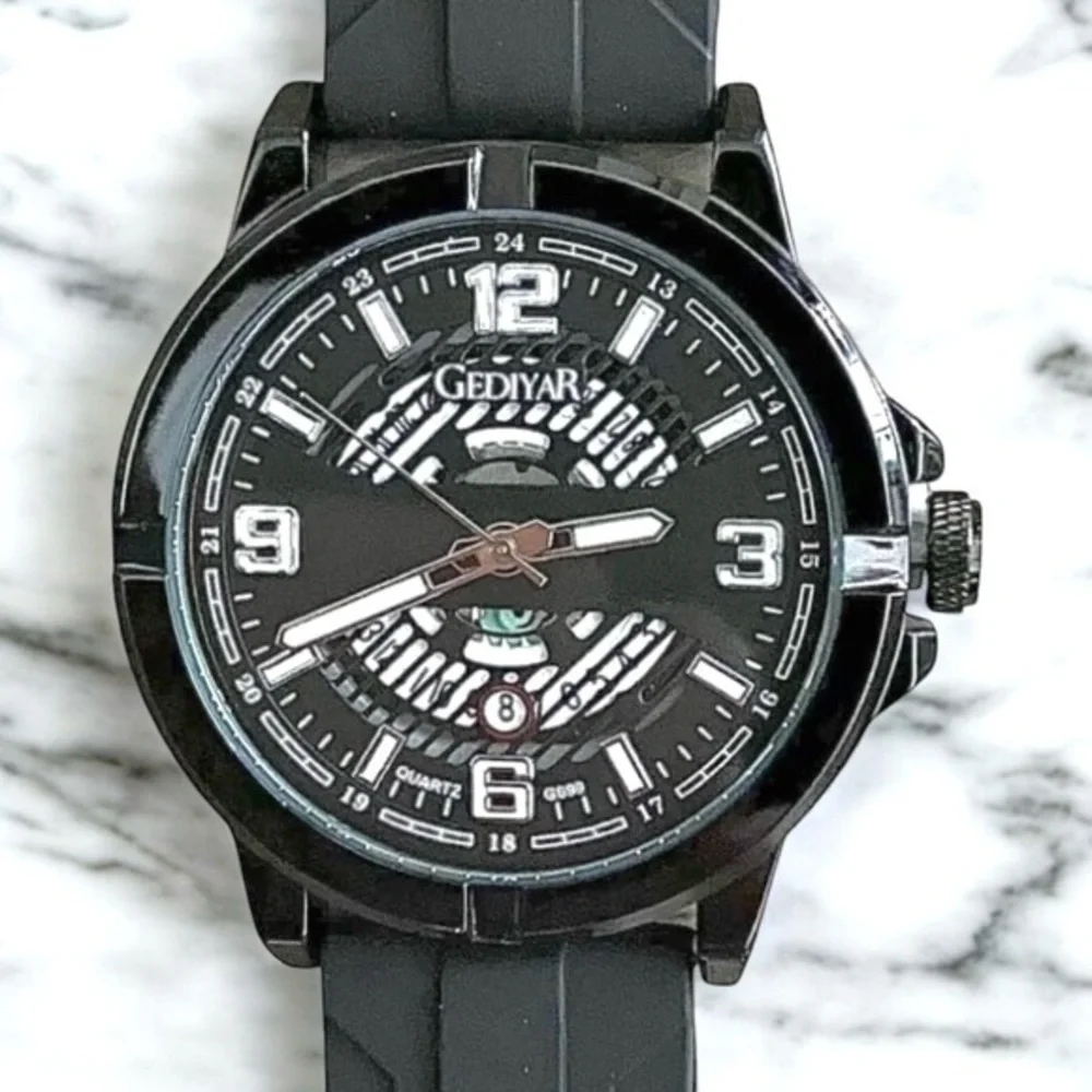 Gediyar Men’s Black 45mm Silicone Band Watch